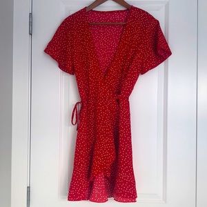 Red and white polka dot wrap dress